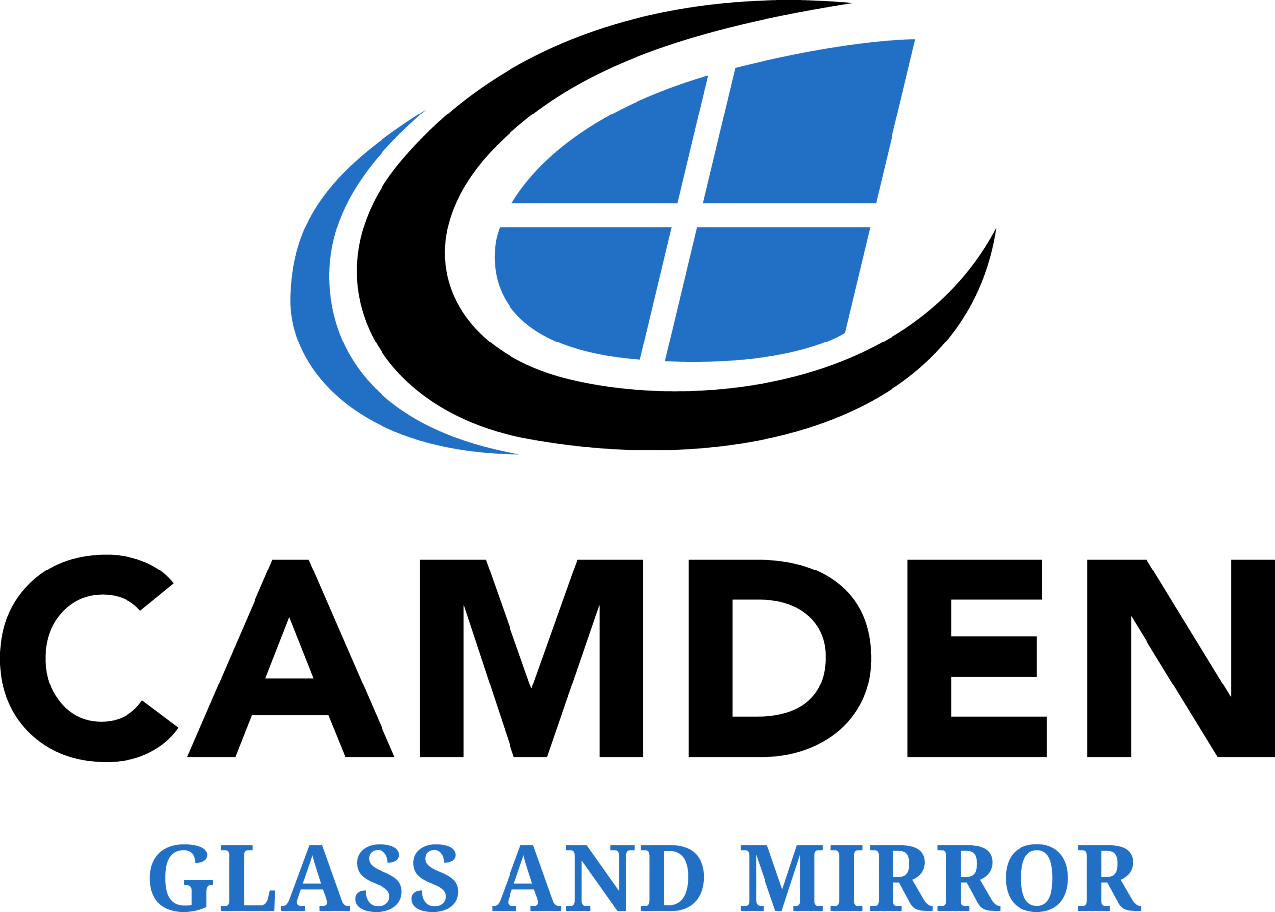 Logo with a blue window inside a black C shape, and text: CAMDEN Glass and Mirror below.
